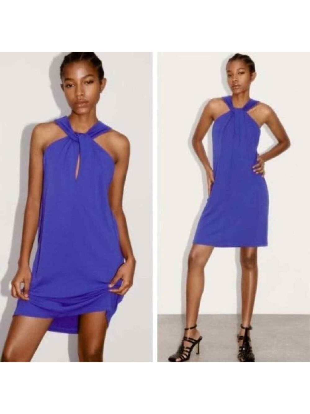 Zara blue front twist knot Halter Sheath Mini Dress Sz S